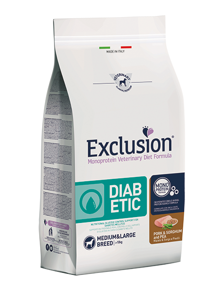 Exclusion Diet Cane – Diabetic – Maiale, sorgo e piselli Medium, large Breed – Secco – taglia Media/Grande