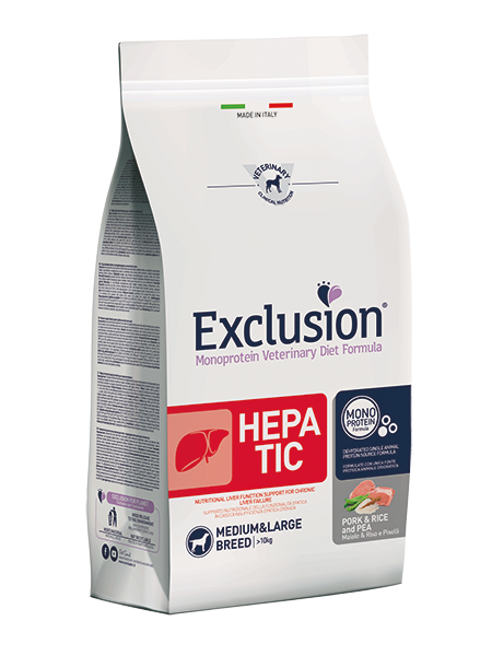 Exclusion Diet Cane – Hepatic – Maiale, riso e piselli Medium, large Breed – Secco – taglia Media/Grande