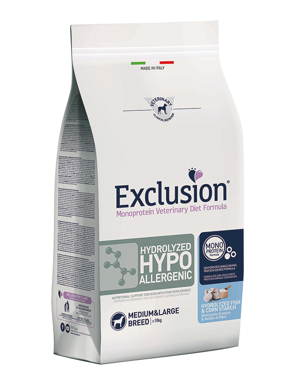 Exclusion Diet Cane – Hydrolyzed Hypoallergenic – Pesce Idrolizzato, mais Amido Medium, large Breed – Secco