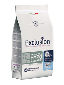 Exclusion Diet Cane – Hydrolyzed Hypoallergenic – Pesce Idrolizzato, mais Amido Medium, large Breed – Secco