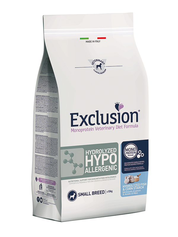 Exclusion Diet Cane – Hydrolyzed Hypoallergenic – Pesce Idrolizzato, mais Amido – Secco - piccola taglia